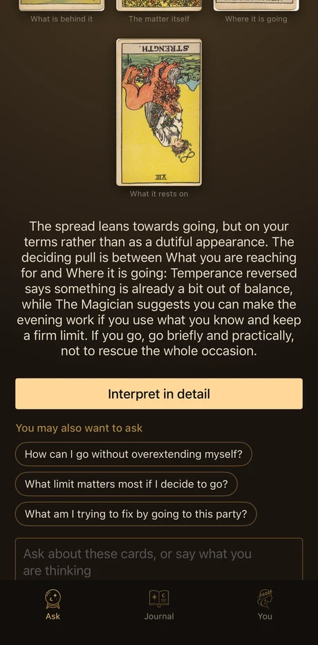 A drawn card with its short answer and suggested follow-up questions