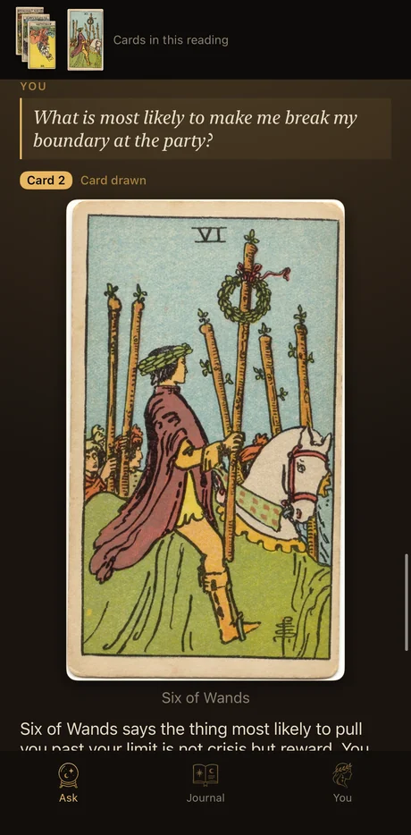 A reading continuing, with a follow-up question and a second card drawn