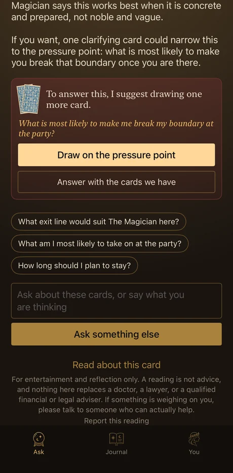The app offering to draw one more card to answer a specific question