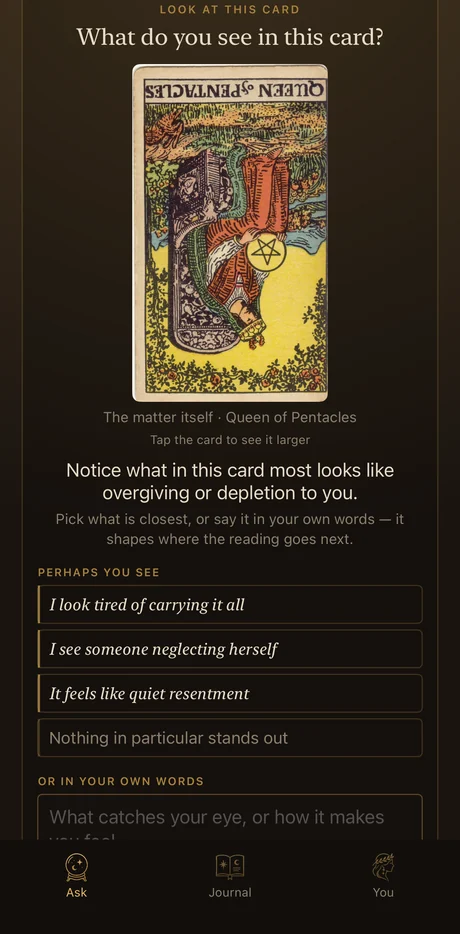 The app asking what you see in the card, with suggested responses and a free text box